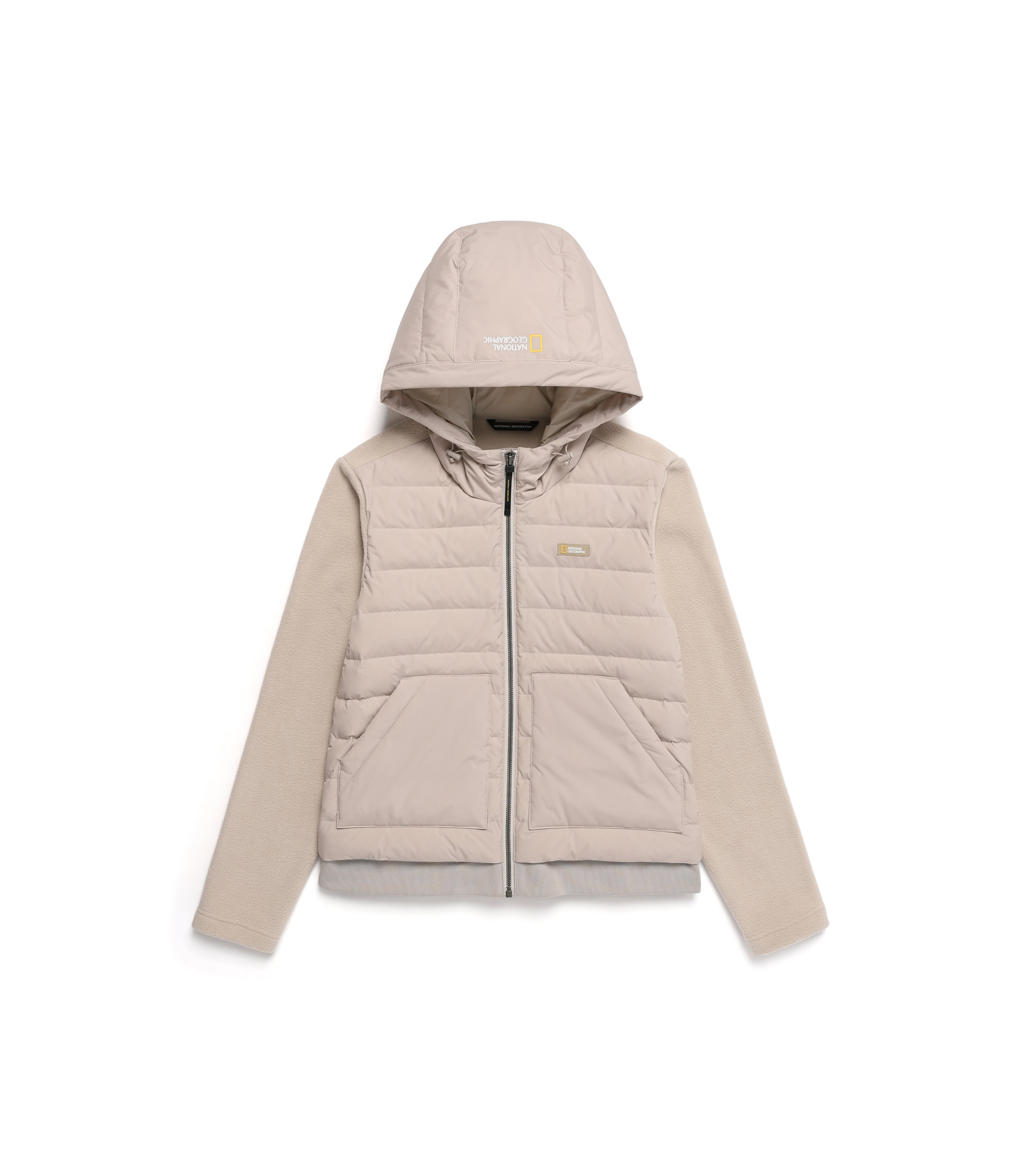Women's PUFFIN Micro Fleece Woven Mixed Hooded Zip-Up Jacket<br>BEIGE