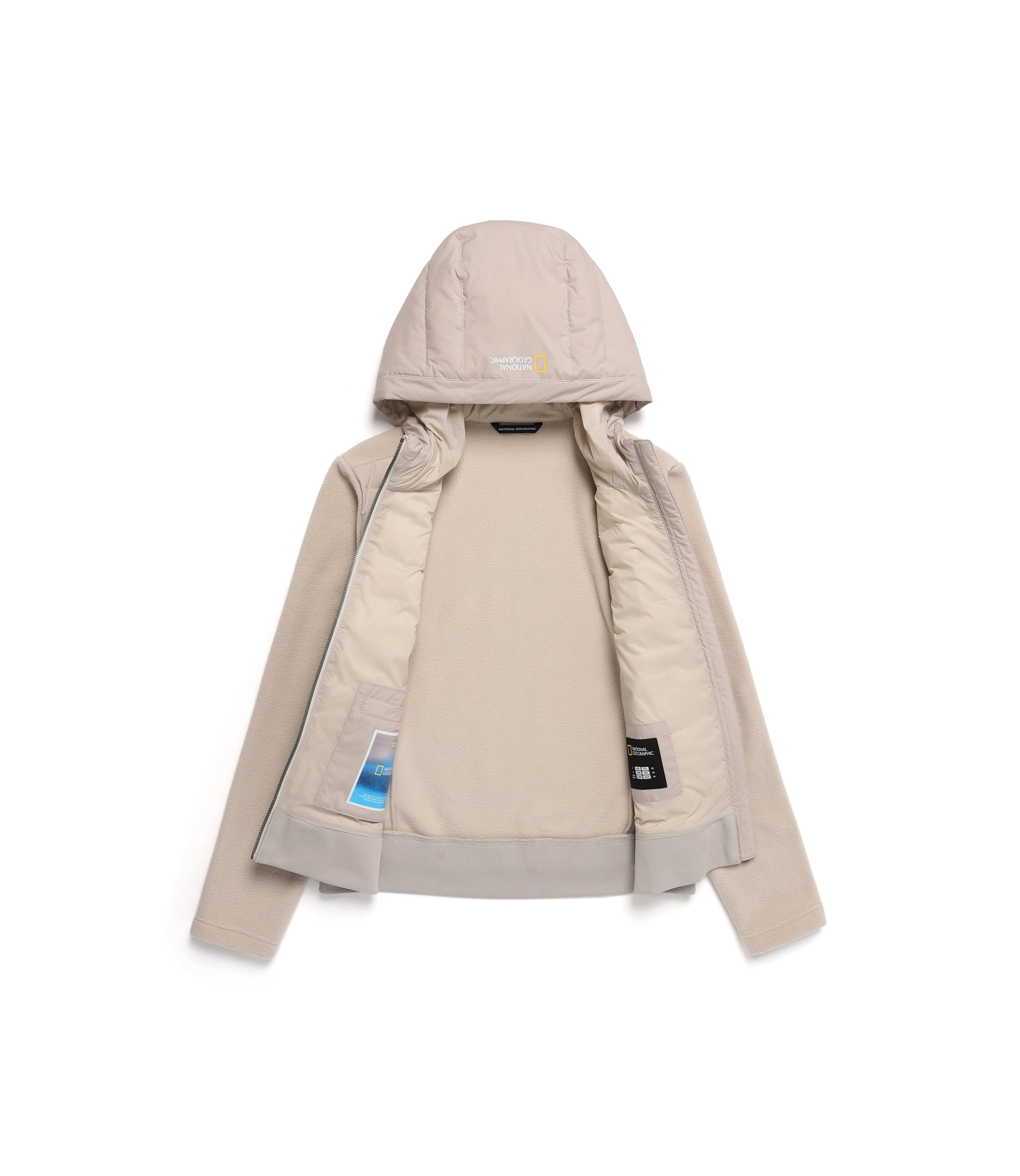Women's PUFFIN Micro Fleece Woven Mixed Hooded Zip-Up Jacket<br>BEIGE
