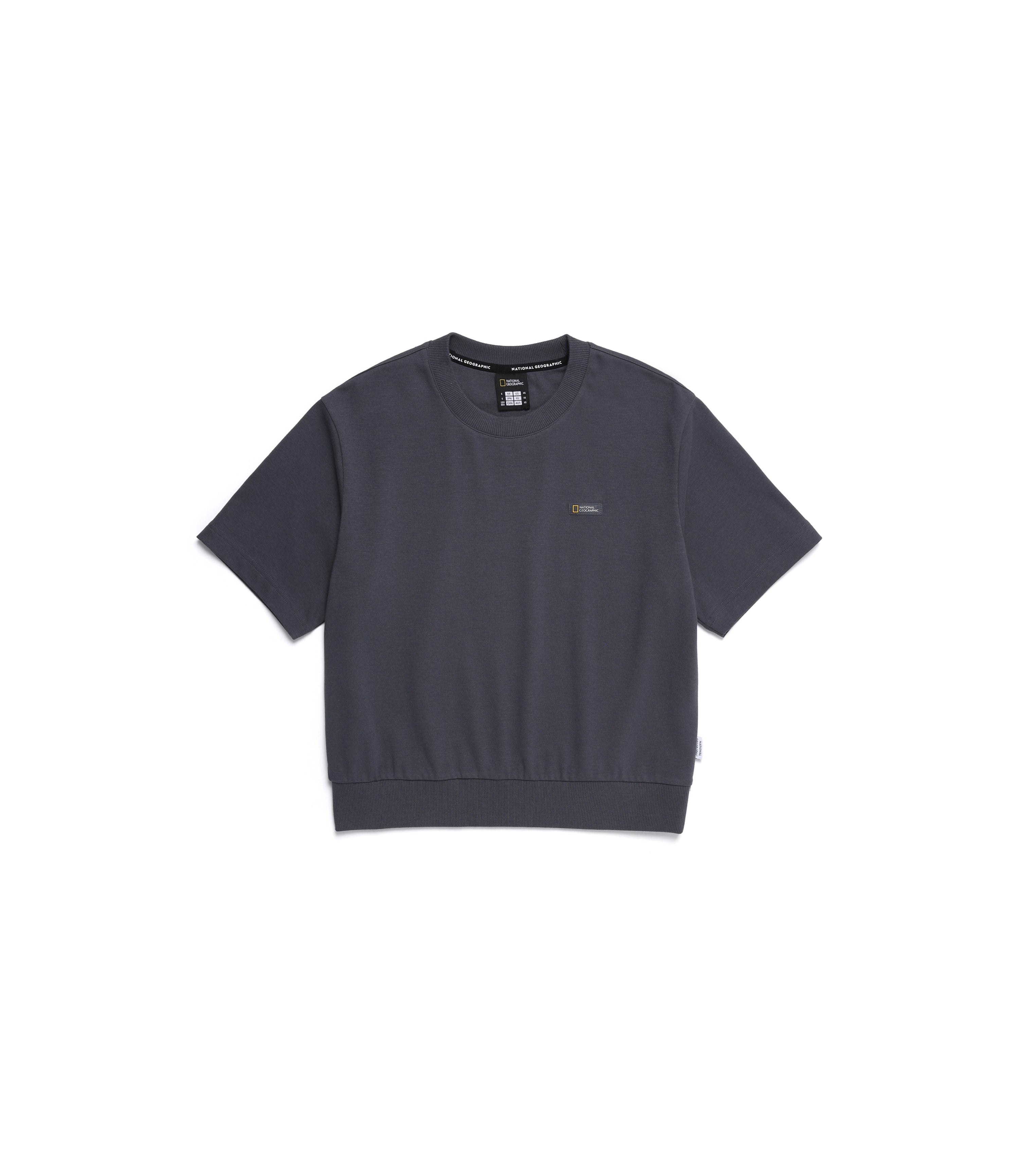 Women's Light Knit Semi Crop Round Short Sleeve Tee<br>BLUE GREY