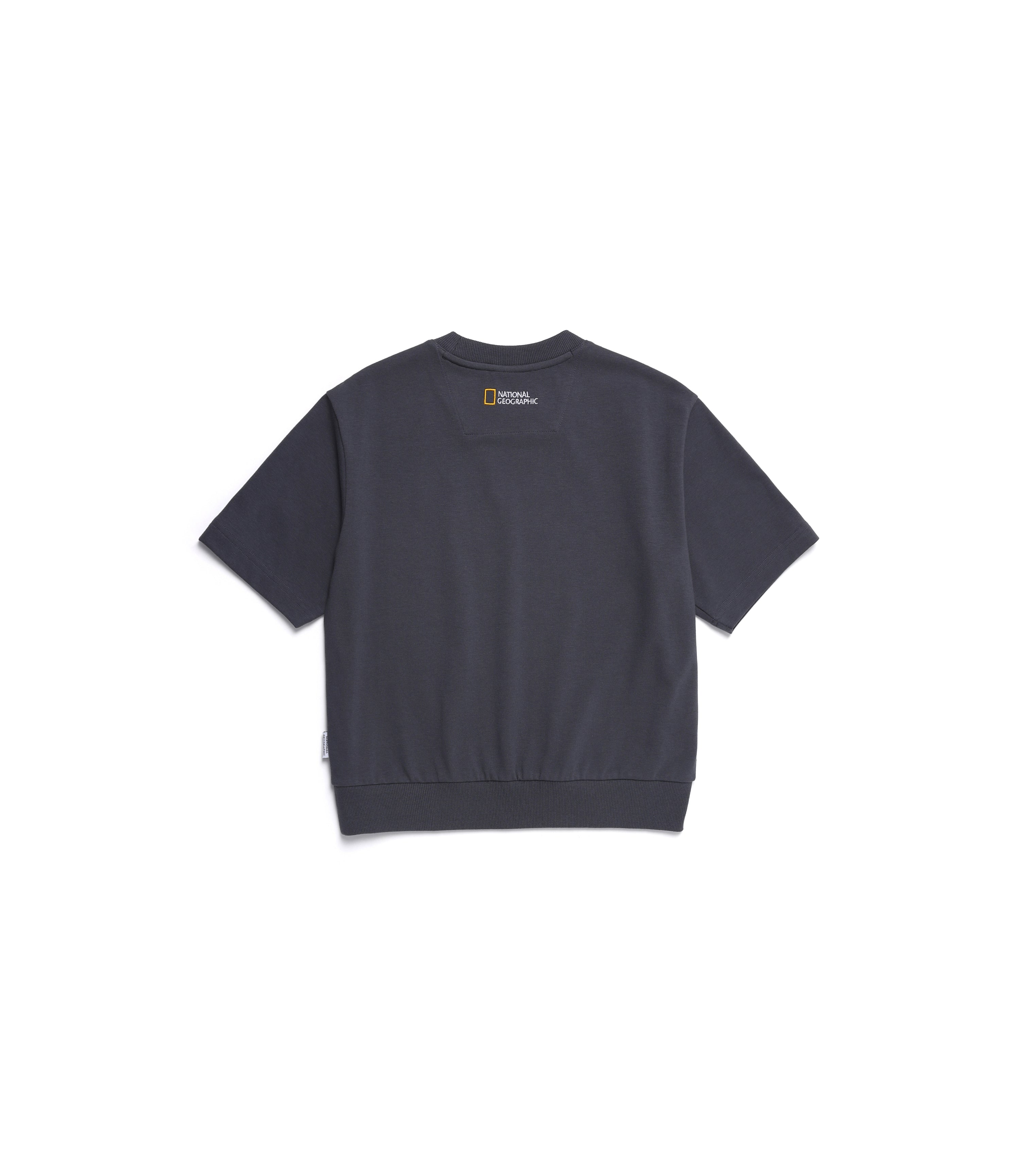 Women's Light Knit Semi Crop Round Short Sleeve Tee<br>BLUE GREY