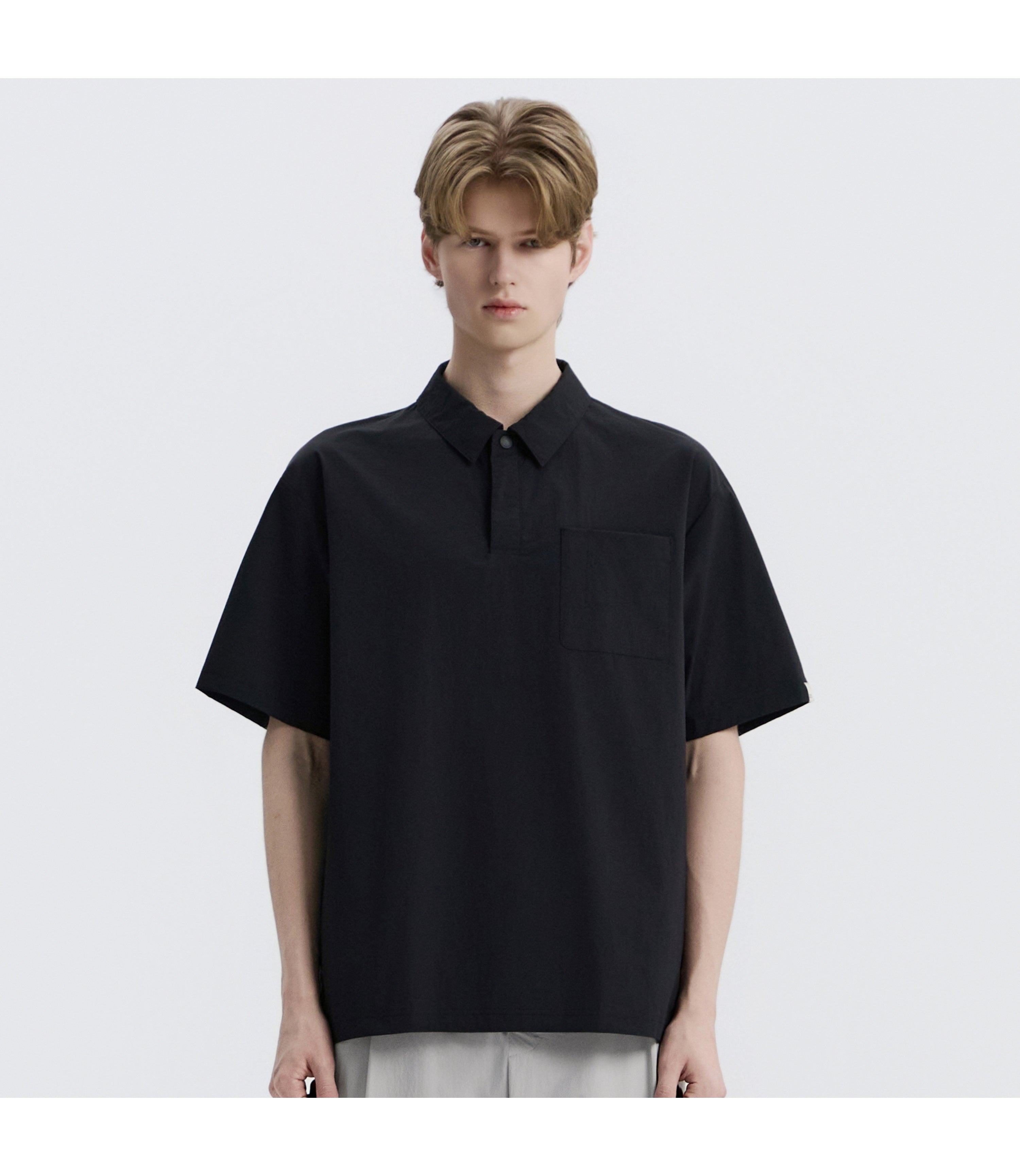 Unisex Freeze Stretch Semi-Overfit Short Sleeve Collar Tee<br>BLACK