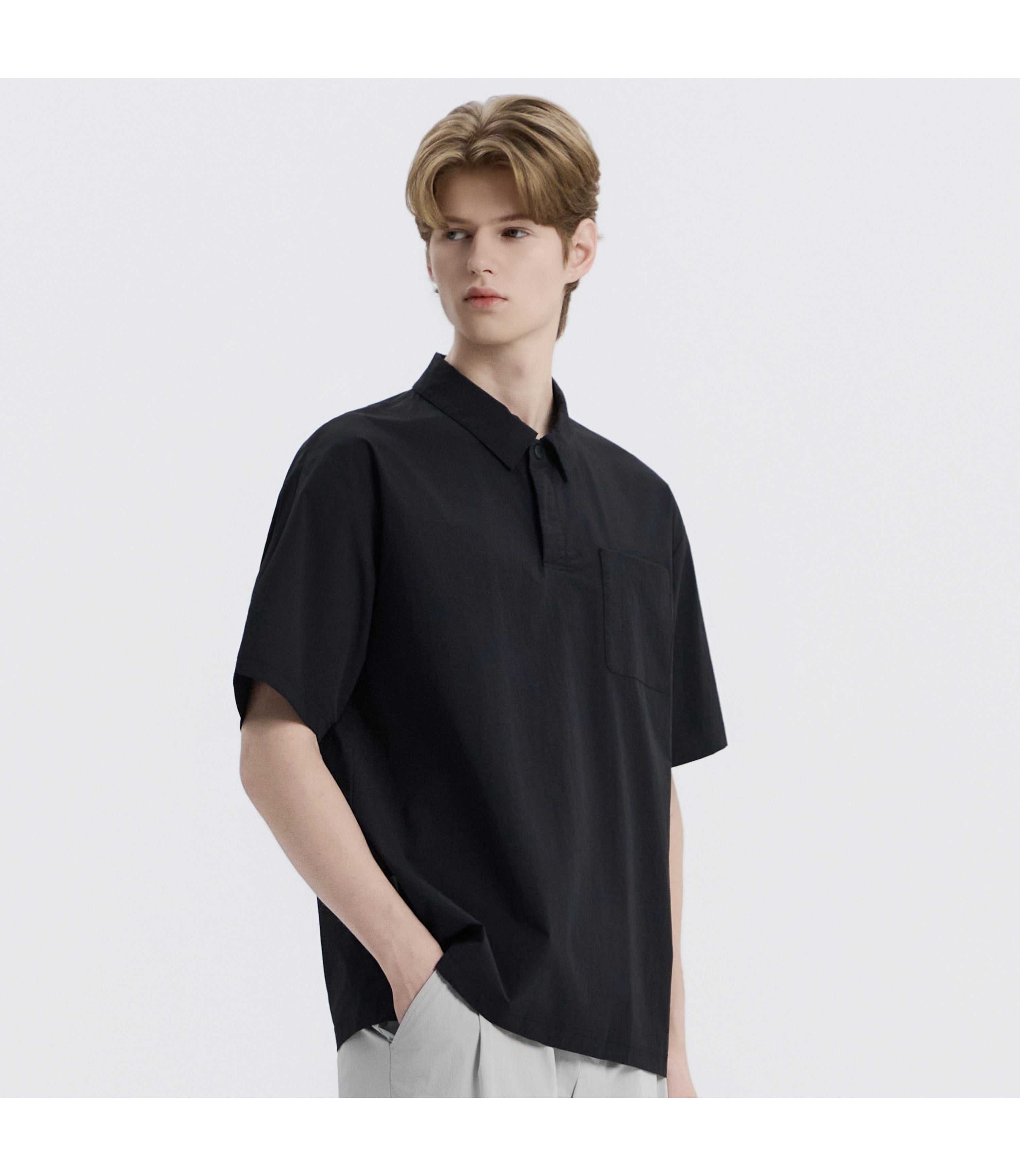 Unisex Freeze Stretch Semi-Overfit Short Sleeve Collar Tee<br>BLACK