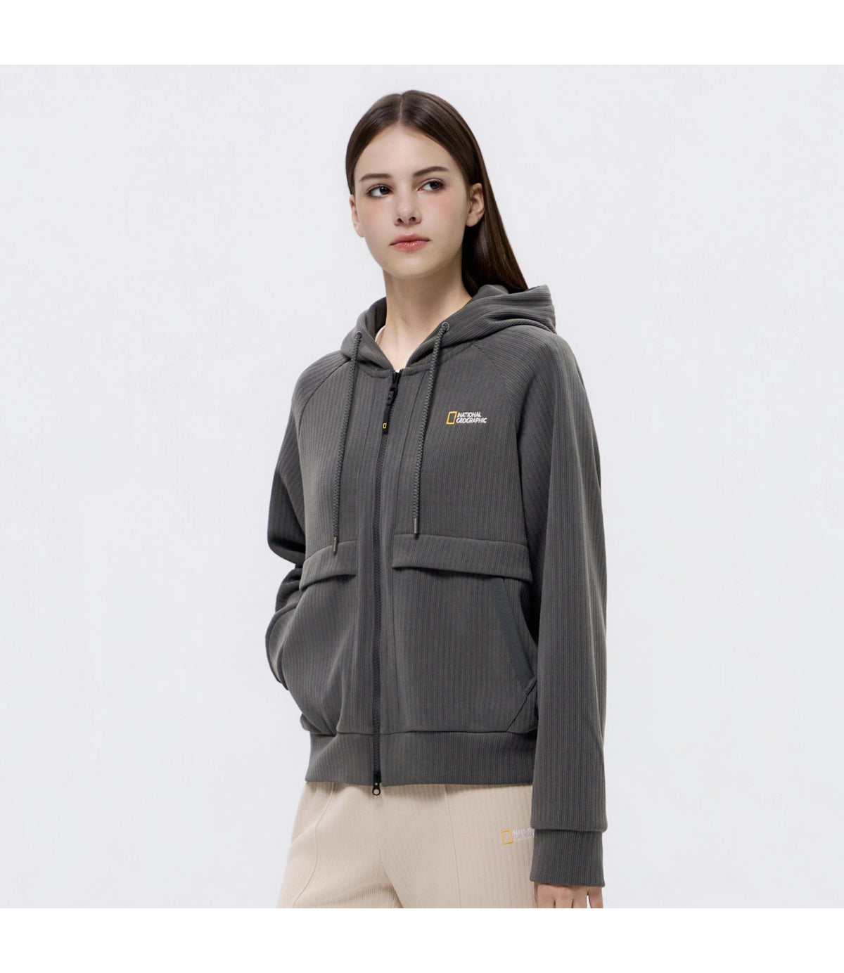 Women's Fabric-Mix Zip-Up Hoodie<br>IRON GREY