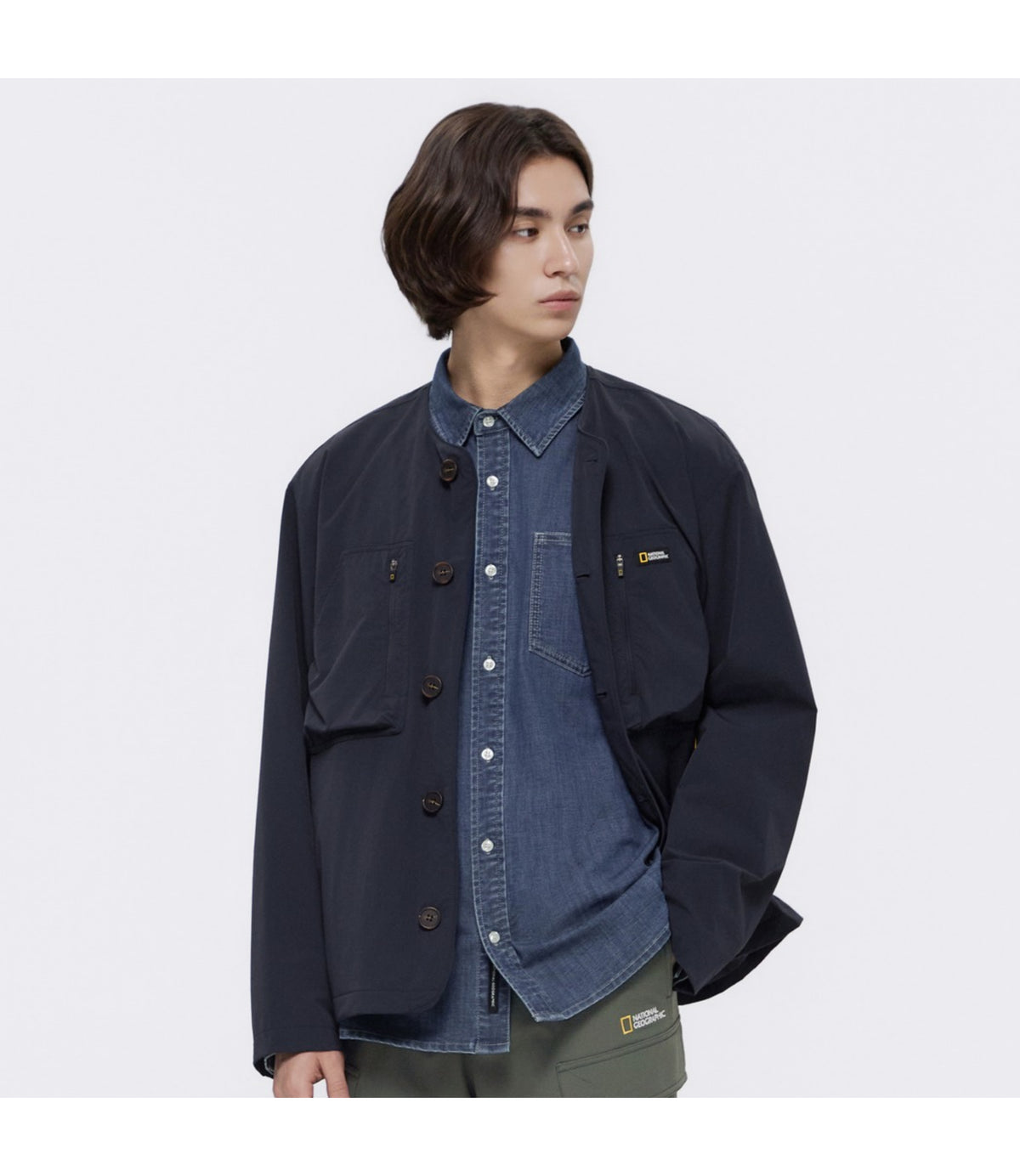 Men's Round Neck Button-Down Jacket<br>D/NAVY