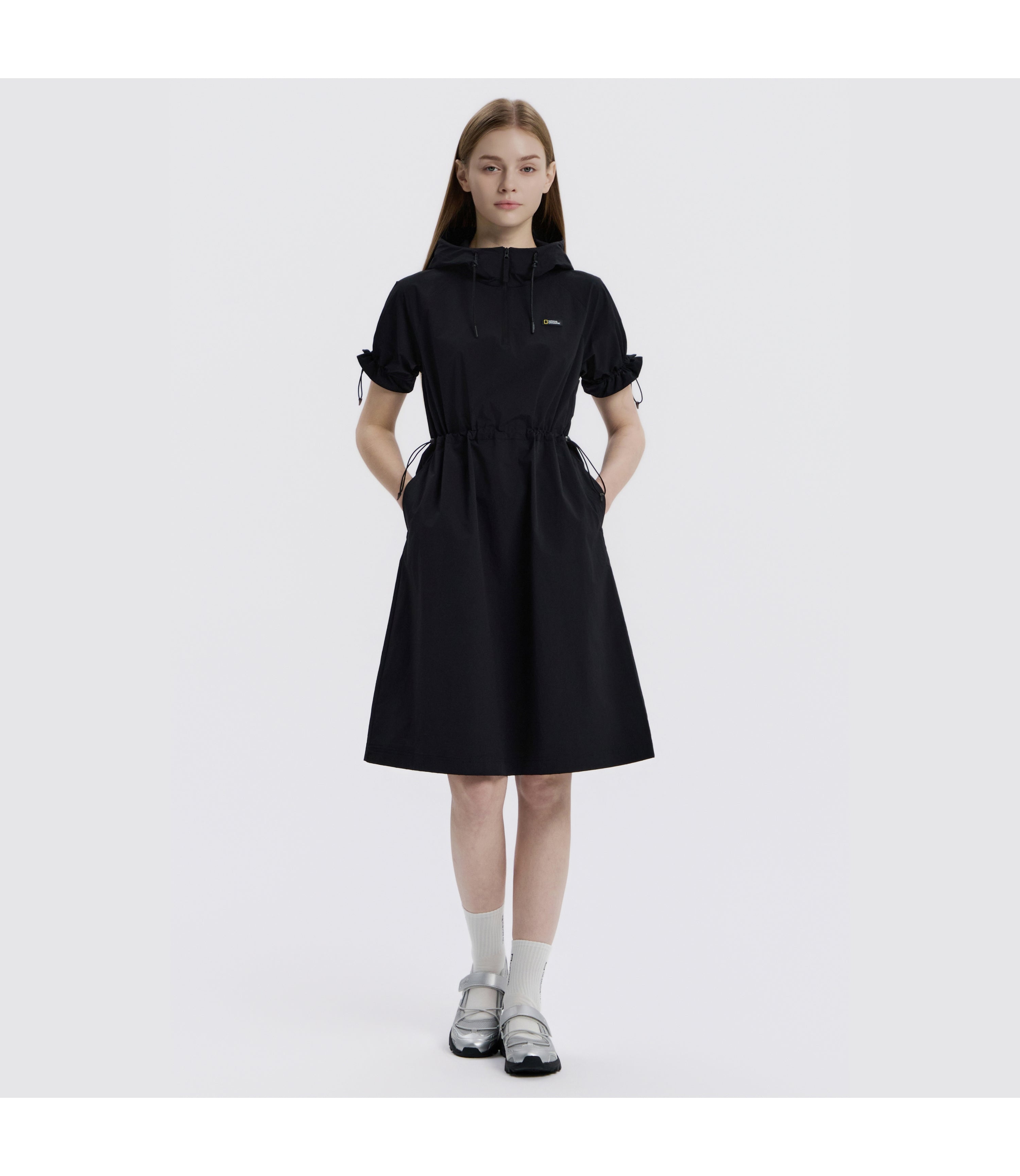 Women's Freeze Stretch H-Line Hooded Short Sleeve Dress<br>BLACK