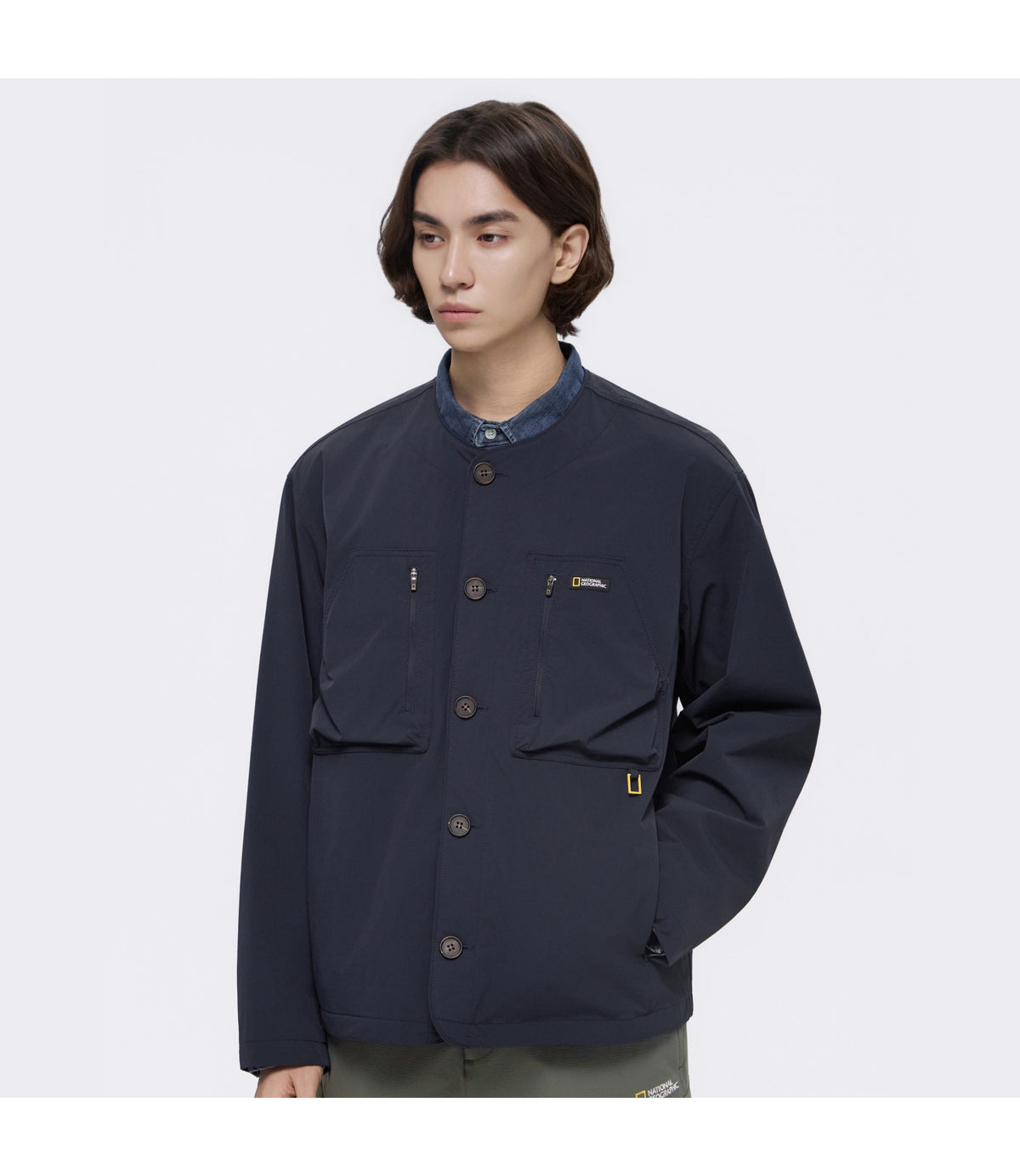 Men's Round Neck Button-Down Jacket<br>D/NAVY